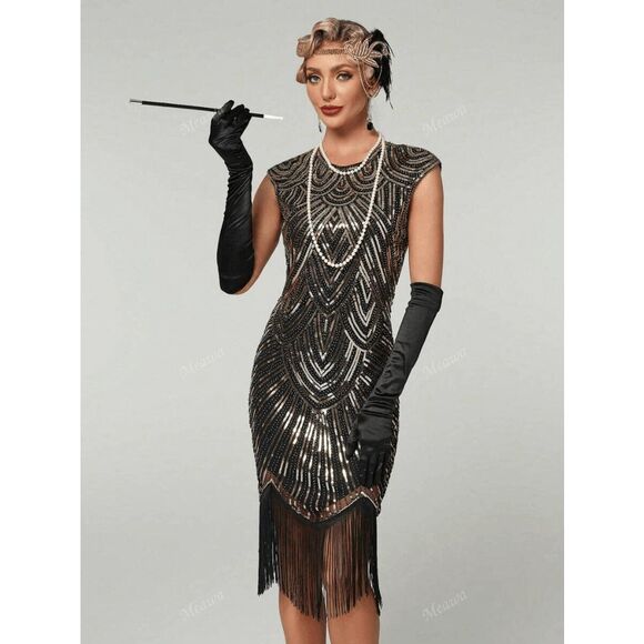 ✨ Flapper Great Gatsby 1920s Retro Tassel Fringe Gold Sequin Dress SIZE XL NEW - Picture 5 of 15